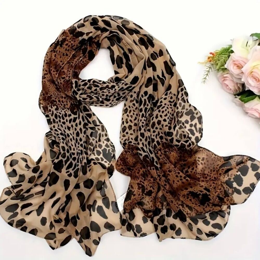 Leopard Print Scarf Sheer 58'x18' Dark Brown Coffee NWT